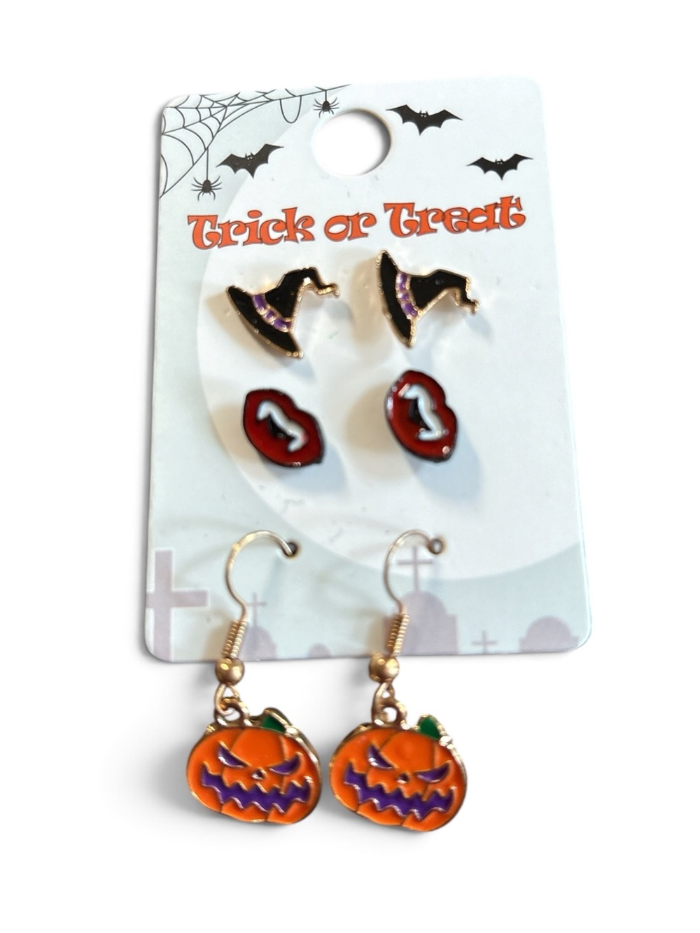3 Pairs Halloween Earrings Pumpkin Witch Hat Fangs